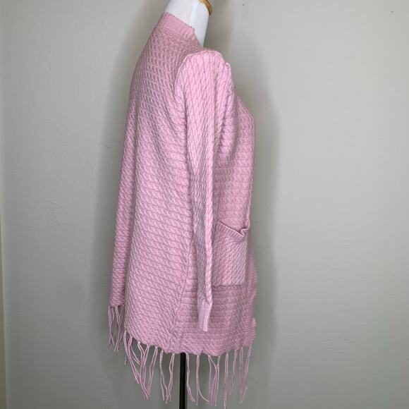 Pink Cable Knit Boho Long Cardigan Duster Sz ? Small Fringe - Picture 4 of 7
